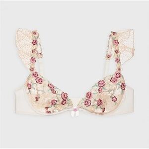 For Love And Lemons Floral Embroidered Bra - Cream and Pink